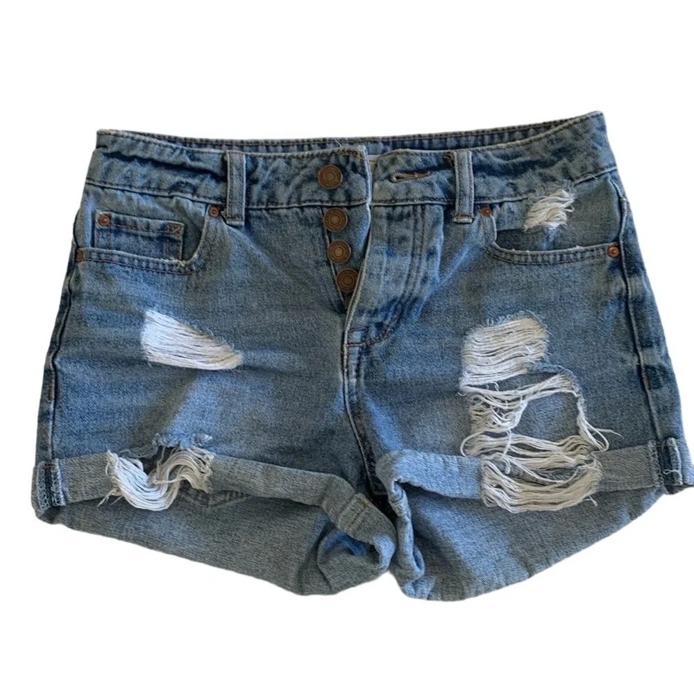 SKY AND SPARROW DESTROYED DENIM BUTTON FLY JEAN SHORTS • SIZE 1